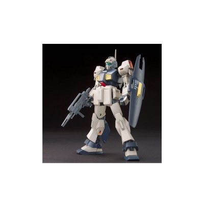 Figurino articulado de robô branco e azul com escudo e arma