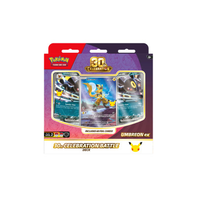 Cartas Pokémon 30th Celebration Battle Deck com Zeraora e Umbreon ex em embalagem colorida