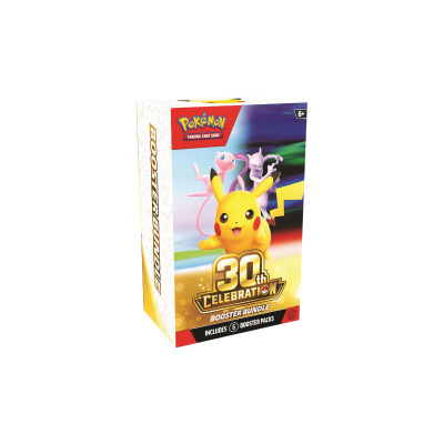 Pacote do Pokémon Trading Card Game Booster Bundle com Pikachu, Mew e Mewtwo e texto 30th Celebration