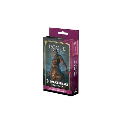 Caixa de jogo DAGGERHEART Rogue Class Pack com personagem e texto em tons escuros e roxo