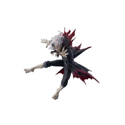 Figura de anime com cabelo branco e roupa preta em pose de ação
