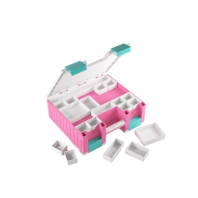 Caixa organizadora rosa com divisórias brancas destacáveis e tampa transparente