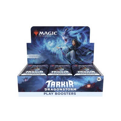 Boosters do jogo Magic: The Gathering coleção Tarkir Dragonstorm numa caixa de exposição azul com dragões.