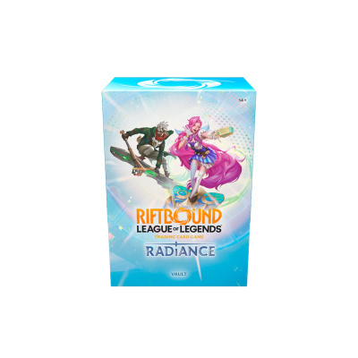 Caixa azul do jogo de cartas RIFTBOUND League of Legends com ilustração de personagens