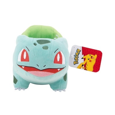 Pelúcia do Pokémon Bulbasaur azul e verde com etiqueta colorida