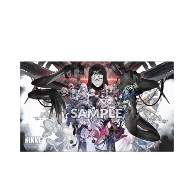 Personagens de anime com figura feminina negra gigante e máscara branca, fundo abstrato, texto NIKKE GIRLS FRONTLINE SAMPLE