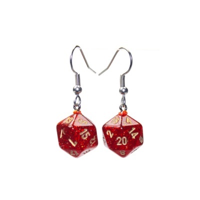 Brincos com dados de jogo vermelhos e brilho dourado em gancho metálico prateado
