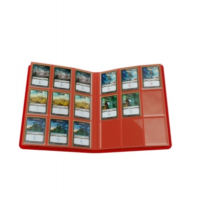 Álbum vermelho aberto com cartas colecionáveis em plástico transparente