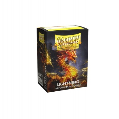 Embalagem Dragon Shield Lightning com dragão e texto visíveis em fundo escuro