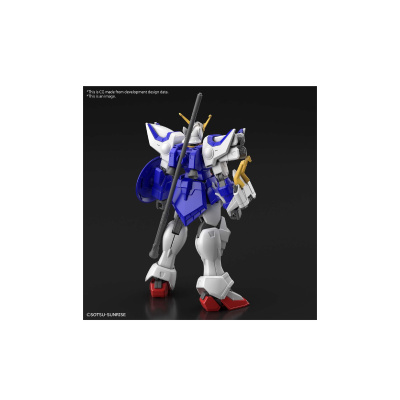 Action figure robótico azul e branco com arma preta nas costas em fundo preto