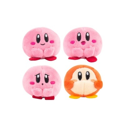 Quatro peluches redondos coloridos com expressões faciais, em fundo branco.