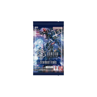 Pack do jogo Gundam Card Game Stardust Trails com ilustração de robô mecânico em azul e vermelho