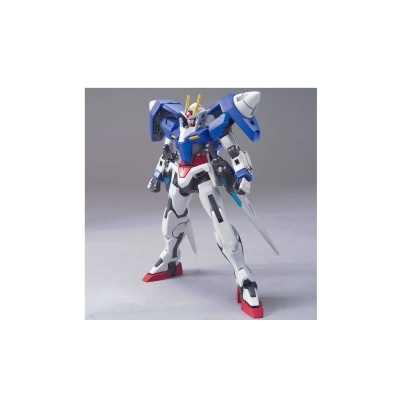 Figura de ação robô Gundam azul, branco e vermelho em fundo cinza