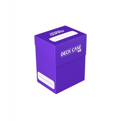 Caixa roxa para baralho de cartas com texto branco DECK CASE e espaços para identificação