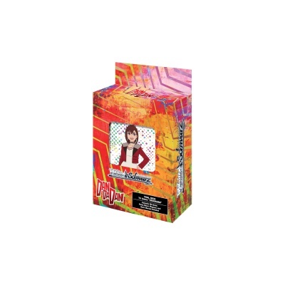 Caixa colorida para baralho de cartas com personagem de desenho animado e texto