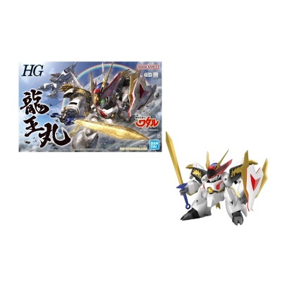Figura robô HG RYUOUMARU com espada e escudo, cores branco, vermelho, dourado e azul
