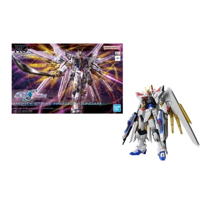 Kit montagem Mighty Strike Freedom Gundam com robô futurista branco azul vermelho e dourado em fundo espacial.