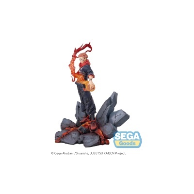 Figura de ação com efeito de chamas na mão e base de pedras