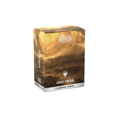 Caixa Dragon Shield Arid Mesa para cartas colecionáveis com design desértico e texto branco.