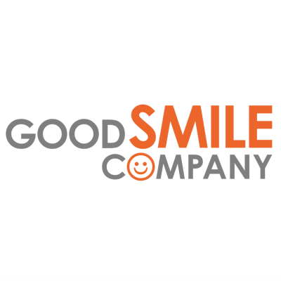 Logo da GOOD SMILE COMPANY com texto cinzento e laranja e smiley no O.