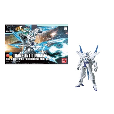 Figura de ação TRANSIENT GUNDAM branca e azul com embalagem ilustrada