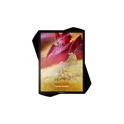 Poster com arte de personagem de armadura vermelha e figura humana em campo de trigo amarelo, texto RIFTBOUND LEAGUE OF LEGENDS.