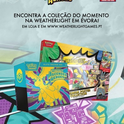 Caixa do jogo Pokémon Ascended Heroes com design colorido e texto promocional