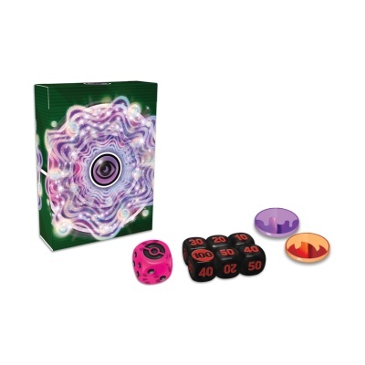 Conjunto de jogo com dados e fichas coloridas e caixa com padrão abstrato