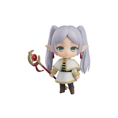 Figura colecionável estilo chibi com vestido branco e cajado dourado