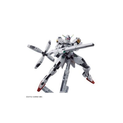 Figura de robô branco com arma e hélices em suporte transparente
