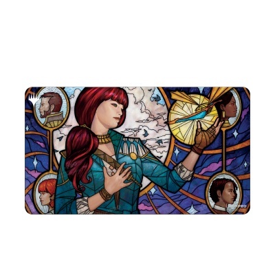 Ilustração em estilo vitral com personagem central e perfis em círculos