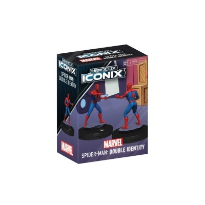 Caixa do jogo HeroClix Iconix Spider-Man Double Identity com figuras do Spider-Man em confronto.