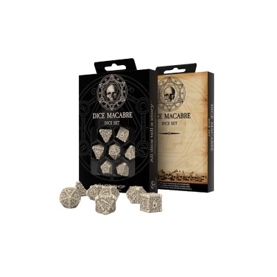 Conjunto de dados Dice Macabre com dados em forma de ossos e caixa preta e bege com crânio