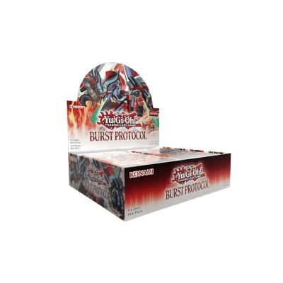 Caixa do jogo de cartas Yu-Gi-Oh! BURST PROTOCOL com dragão mecânico e texto Konami