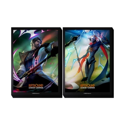 Posters com personagens do League of Legends em molduras pretas com texto RIFTBOUND LEAGUE OF LEGENDS