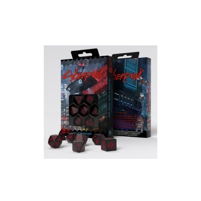 Conjunto de dados Cyberpunk RED preto com números vermelhos em embalagem ilustrada futurista