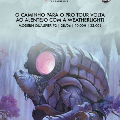 Cartaz promocional do jogo Magic: The Gathering com ilustração de tartaruga robótica e texto em português