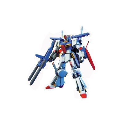 Figura robótica azul, branca, vermelha com canhões e escudo em fundo branco