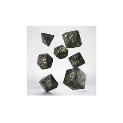 Conjunto de dados para RPG preto com detalhes verdes e números dourados