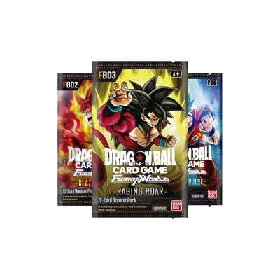 Pacotes de cartas Dragon Ball Card Game Fusion Will com personagens e fundo colorido