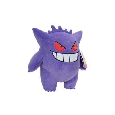 Pelúcia da personagem Gengar roxa com olhos vermelhos e dentes grandes a sorrir