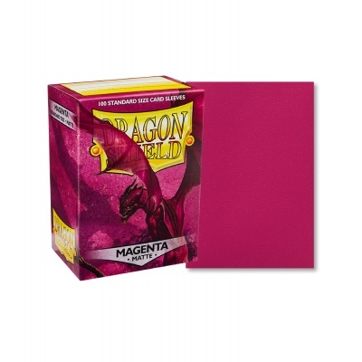 Embalagem de Dragon Shield Magenta Matte com uma amostra em magenta sólido