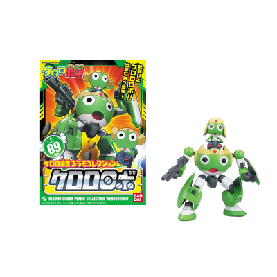Figura articulada de robô sapo verde com capacete amarelo e caixa colorida com texto em japonês