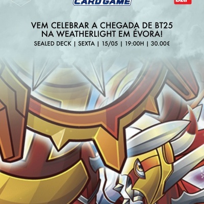 Promoção Digimon Card Game com ilustração colorida e texto em português para evento