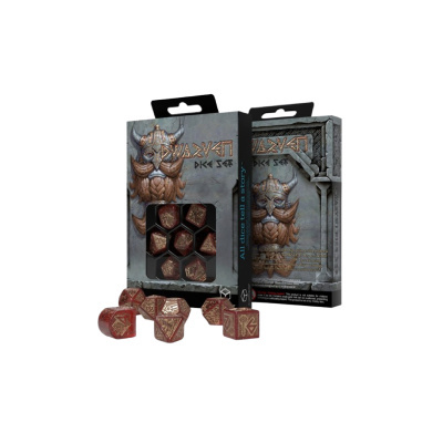 Conjunto de dados vermelhos com caixa ilustrada com guerreiro viking