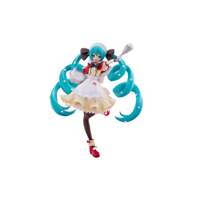 Figura de personagem feminina em vestido maid vestindo botas vermelhas e cabelo azul longo em tranças
