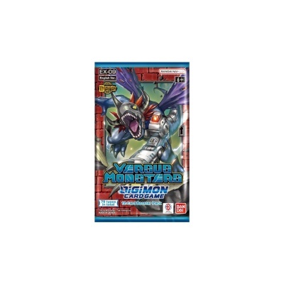 Pacote de cards do jogo Digimon com Digimon robótico em fundo vermelho