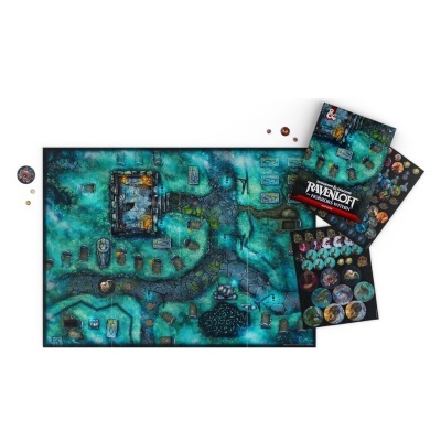 Tabuleiro de jogo de papel com mapa e fichas, texto DUNGEONS & DRAGONS RAVENLOFT THE HORRORS WITHIN
