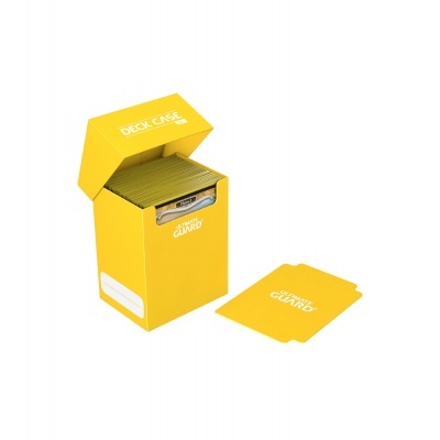 Estojo amarelo para cartas com proteções amarelas com texto branco