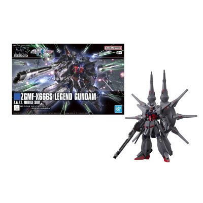Caixa e modelo de robô Legend Gundam cinzento, vermelho e azul com fundo espacial.